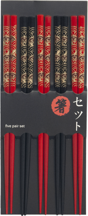 Čínské jídelní hůlky sada 5 párů černo-červených s japonským motivem