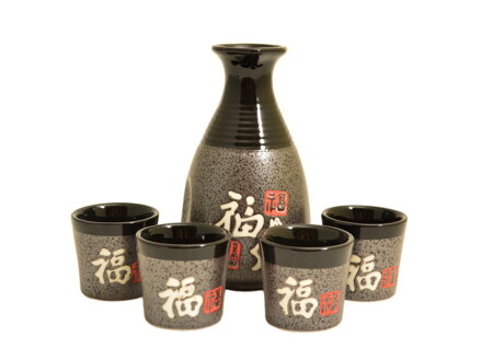 Sake set šedočerné barvy se znaky "Fu" pro 4 osoby